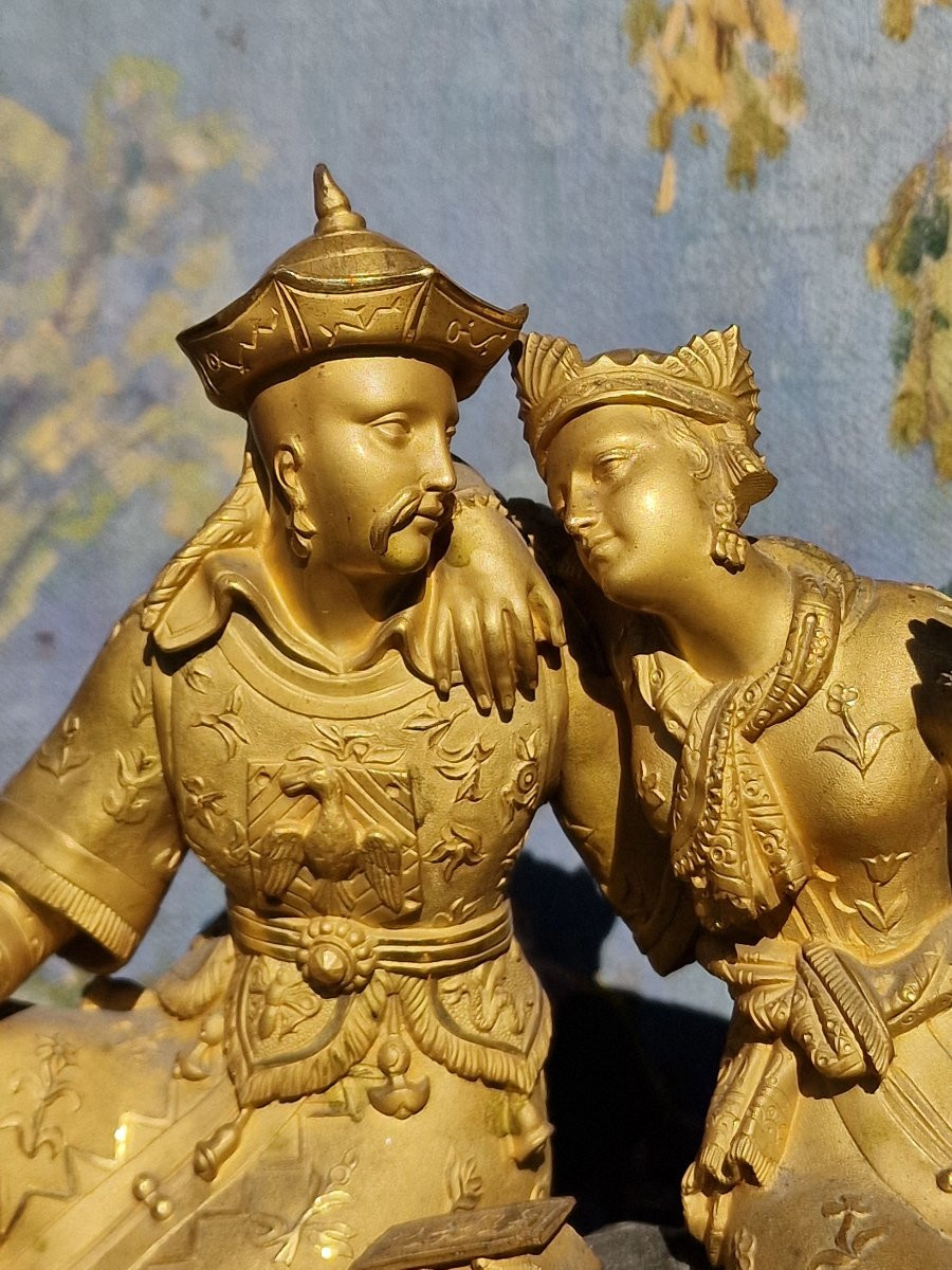 Gilt Bronze And Green Patina Charles X Period Clock With Chinese Or Oriental Couple-photo-6