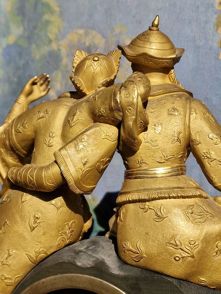 Gilt Bronze And Green Patina Charles X Period Clock With Chinese Or Oriental Couple-photo-7
