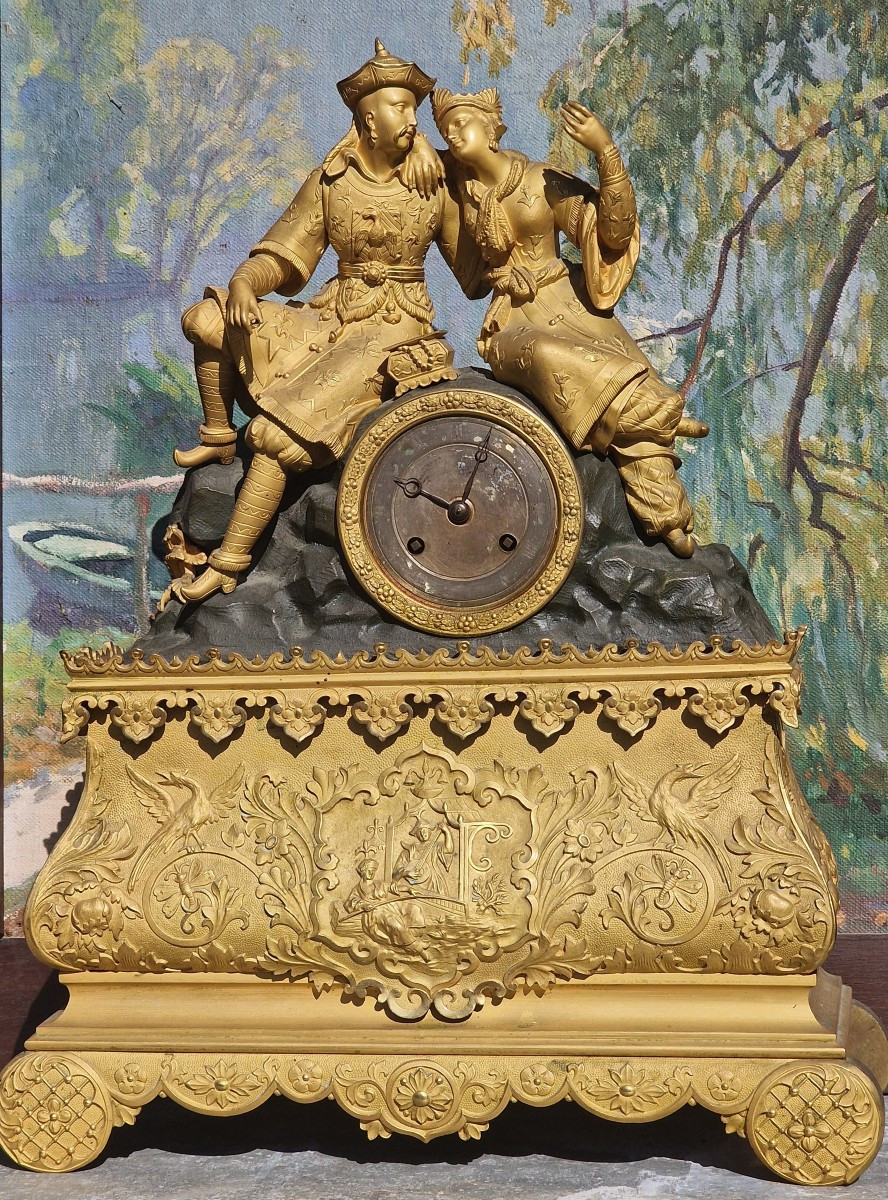 Gilt Bronze And Green Patina Charles X Period Clock With Chinese Or Oriental Couple