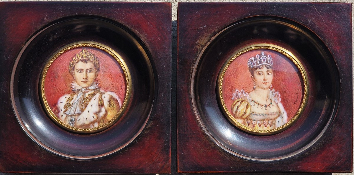 Pair Of Miniature Portrait Paintings Of Napoleon 1st And Josephine De Beauharnais