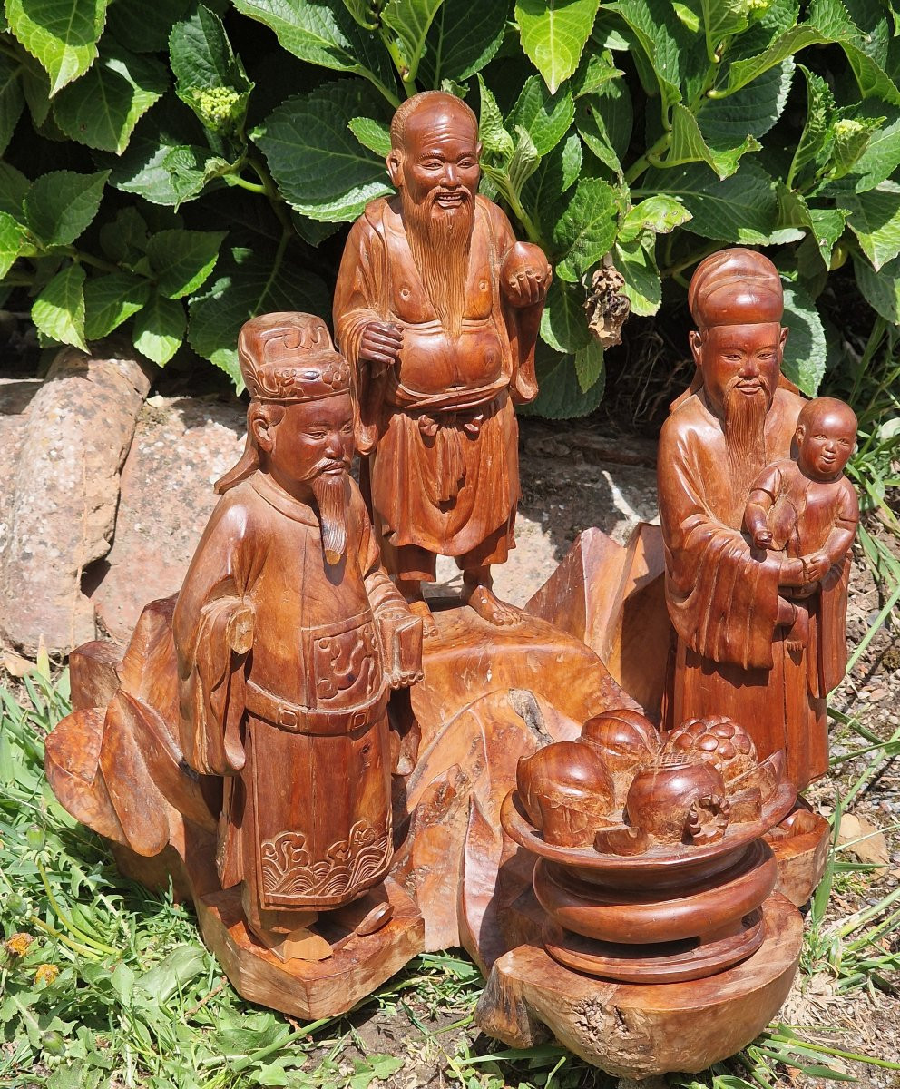 Carved Wood San XIng Group South China Vietnam Good Luck Longevity And Prosperity-photo-2