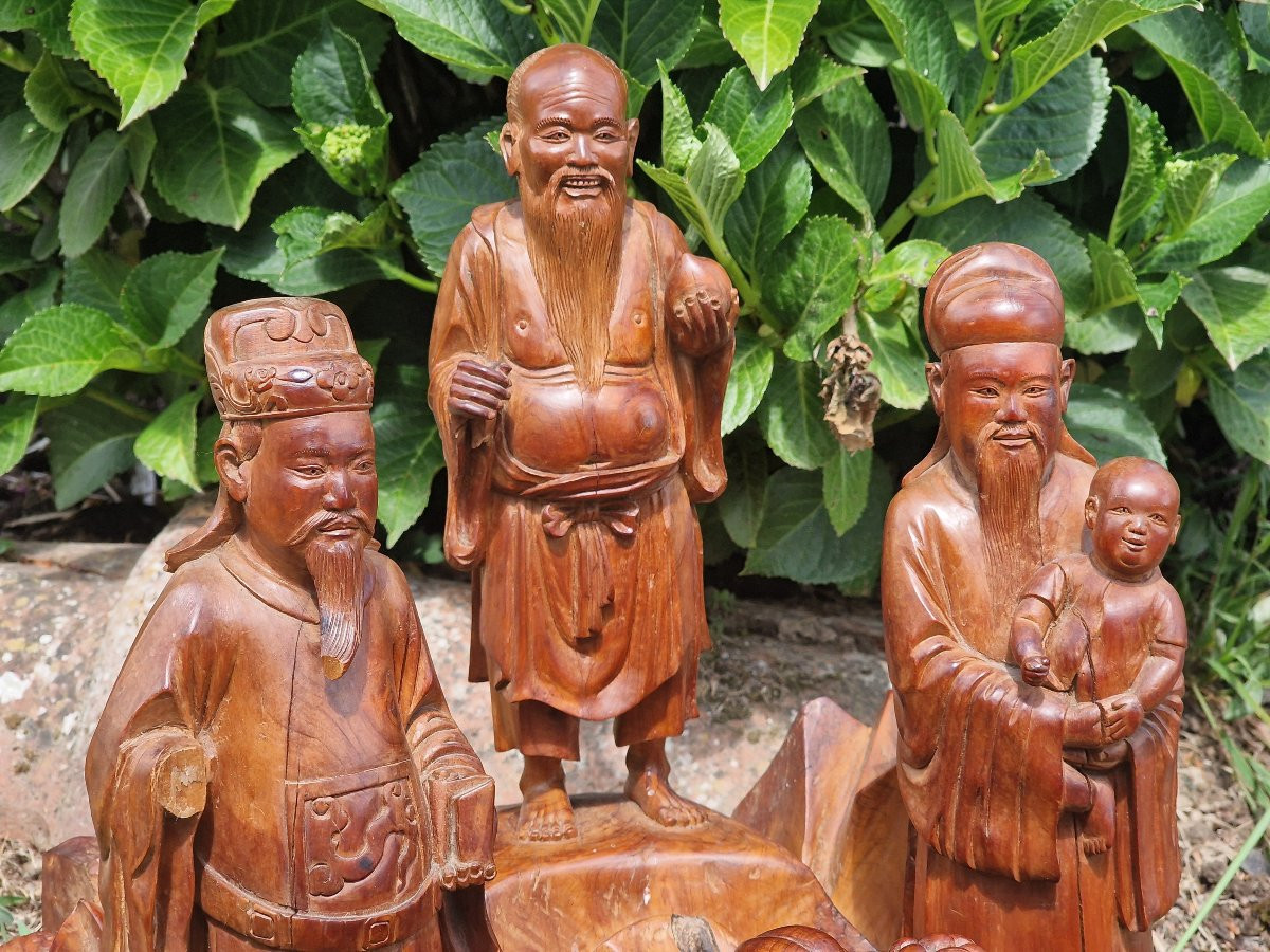 Carved Wood San XIng Group South China Vietnam Good Luck Longevity And Prosperity-photo-3