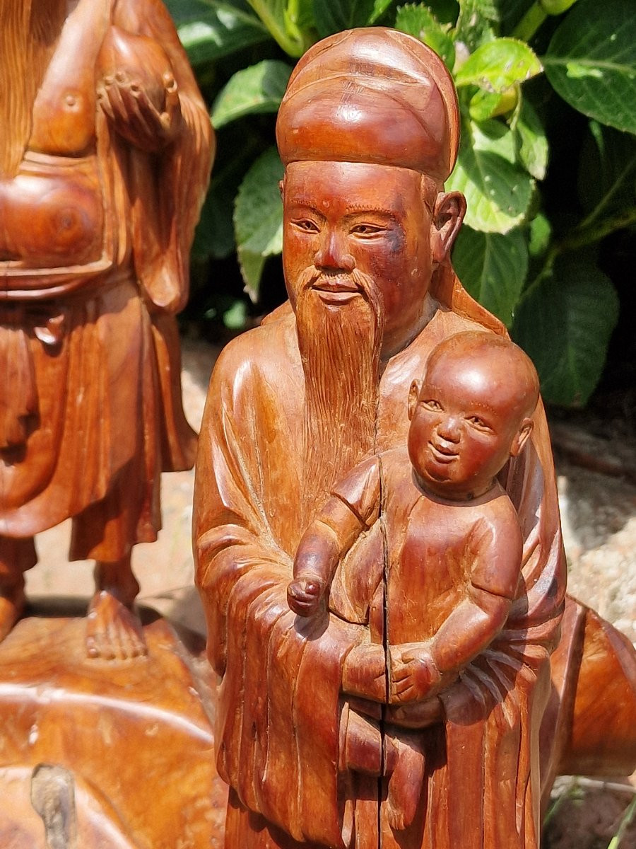 Carved Wood San XIng Group South China Vietnam Good Luck Longevity And Prosperity-photo-2