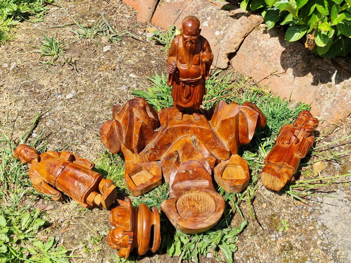 Carved Wood San XIng Group South China Vietnam Good Luck Longevity And Prosperity-photo-7