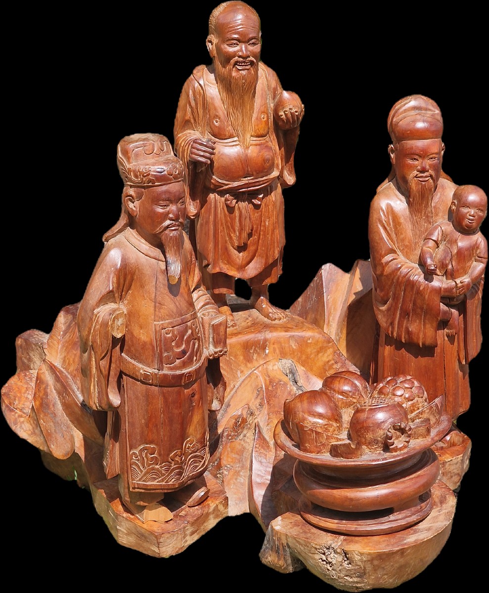 Carved Wood San XIng Group South China Vietnam Good Luck Longevity And Prosperity