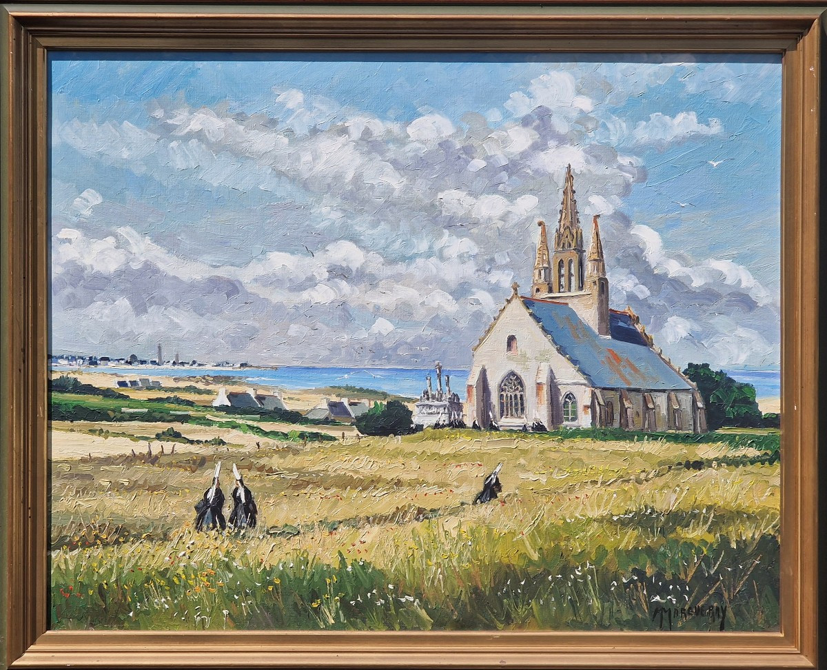Important tableau la messe à Tronoën en Penmarc'h Finistère par Michel Margueray bretagne