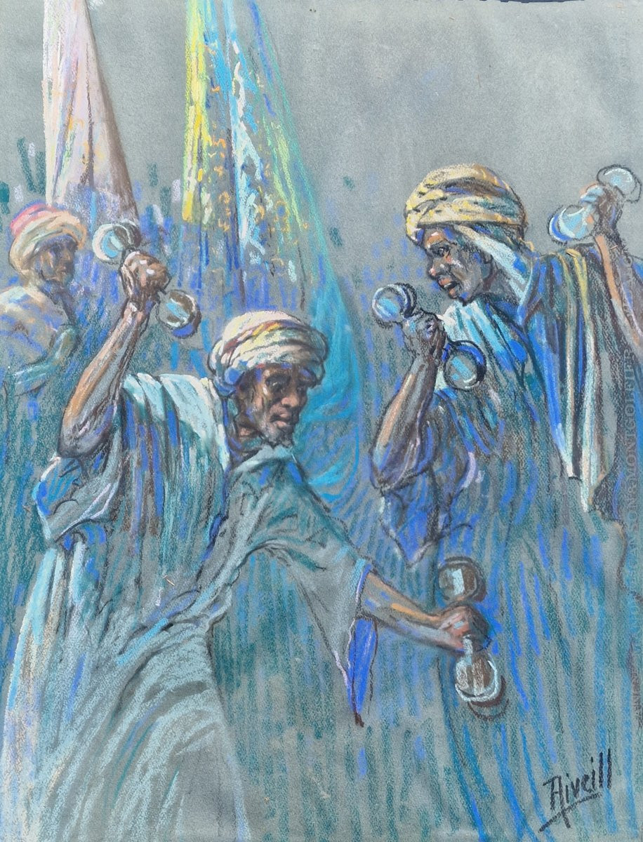 Tableau pastel orientaliste signé musiciens marocains et danseurs avec son cadre sculpté n-photo-2