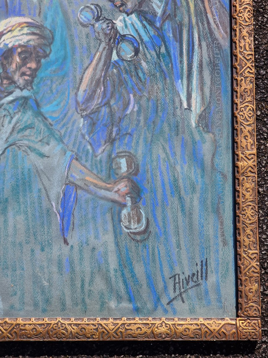 Tableau pastel orientaliste signé musiciens marocains et danseurs avec son cadre sculpté n-photo-4