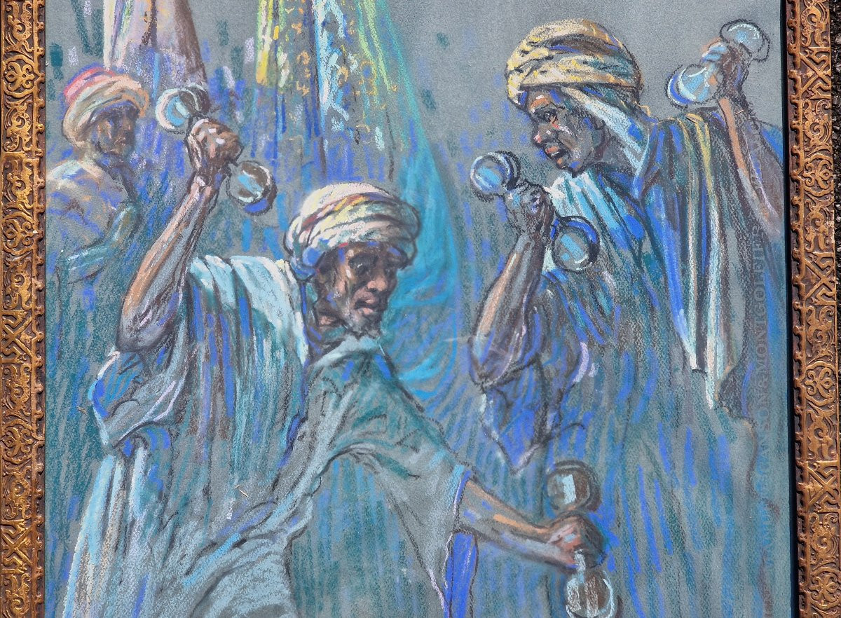 Tableau pastel orientaliste signé musiciens marocains et danseurs avec son cadre sculpté n-photo-3