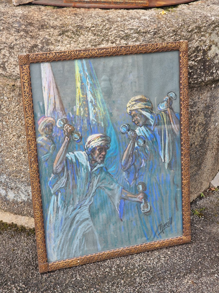 Tableau pastel orientaliste signé musiciens marocains et danseurs avec son cadre sculpté n-photo-4