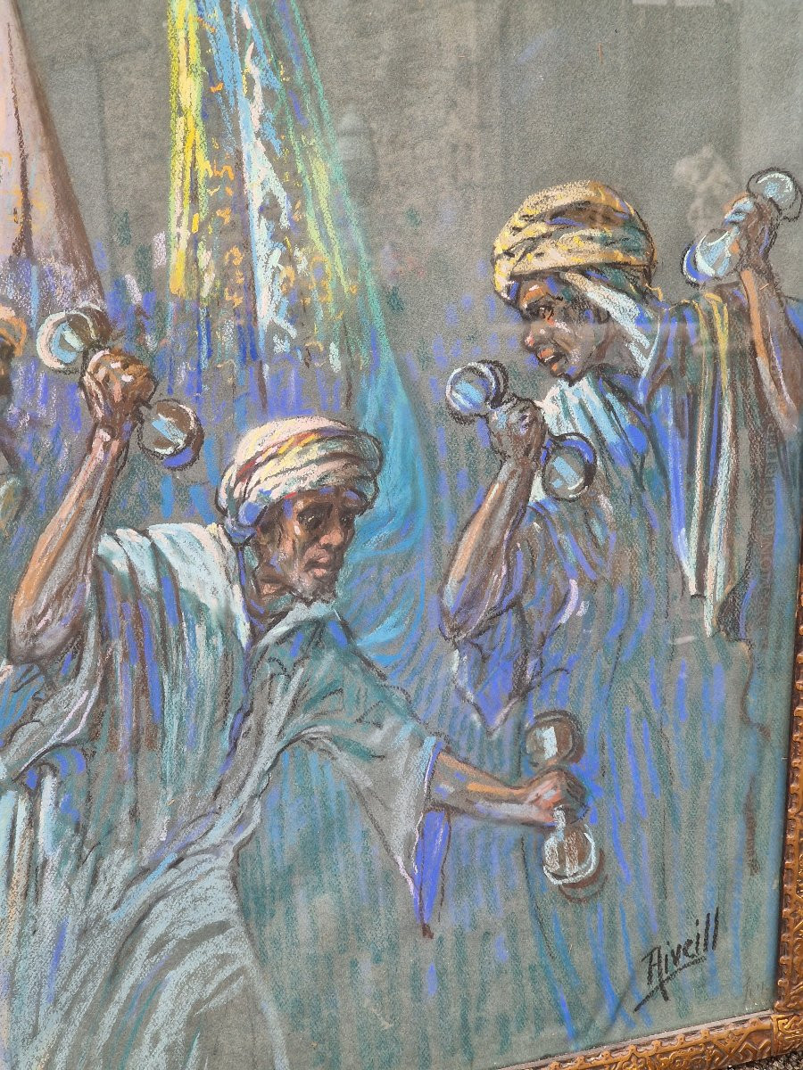 Tableau pastel orientaliste signé musiciens marocains et danseurs avec son cadre sculpté n-photo-5