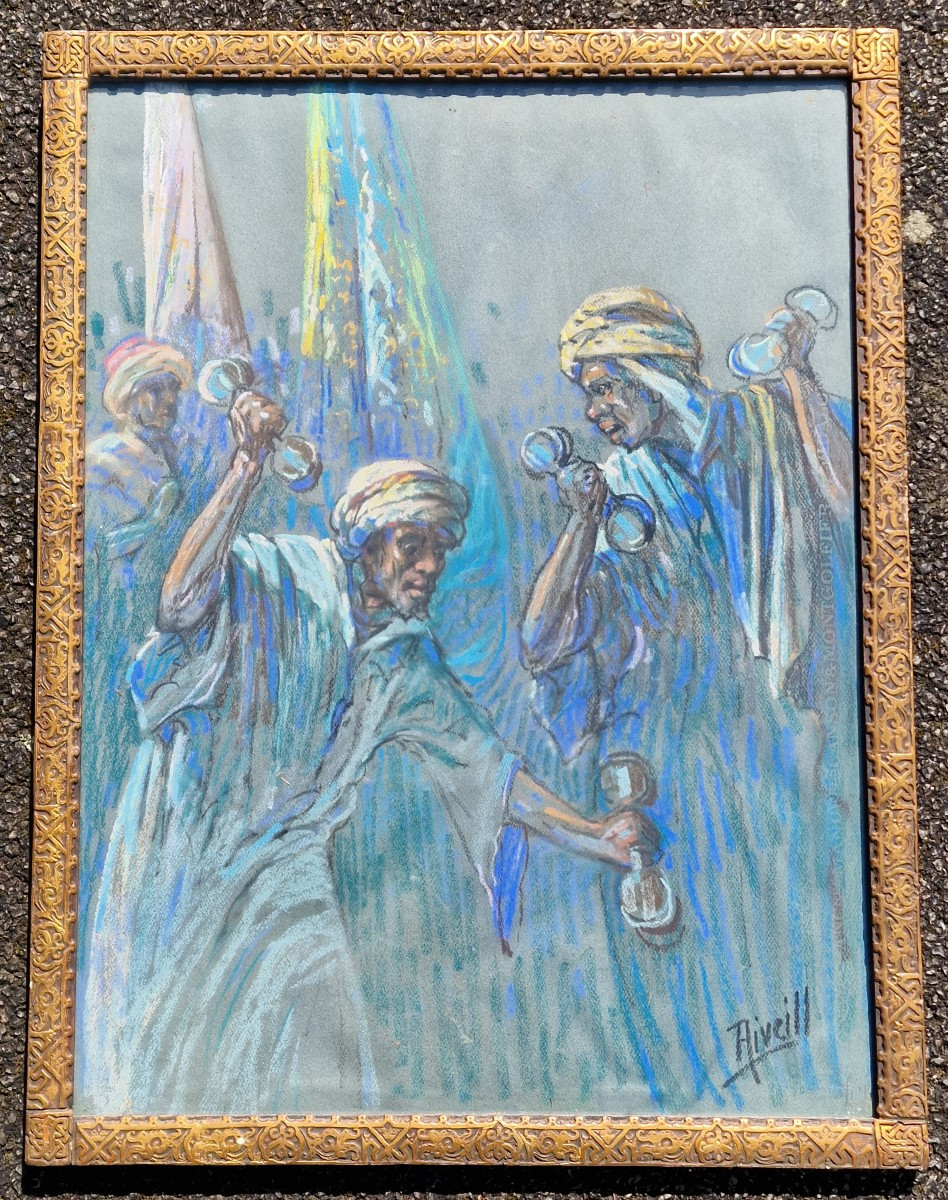 Tableau pastel orientaliste signé musiciens marocains et danseurs avec son cadre sculpté n
