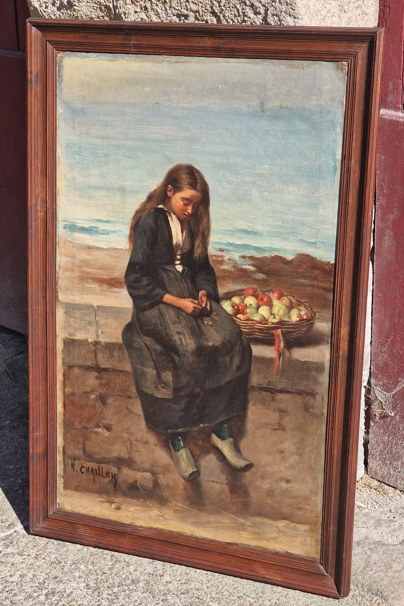 Important Painting By Narcisse Chaillou The Little Apple Seller By The Sea Brittany-photo-3