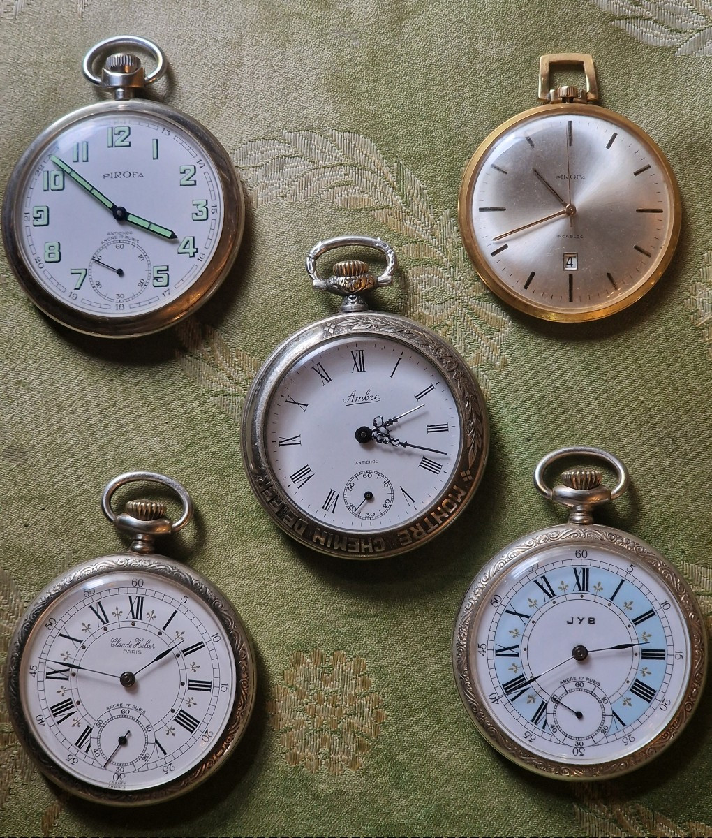 Lot de montres gousset dont chemins de fer de marque Pirofa, JYB, Ambre et Claude Helier Paris