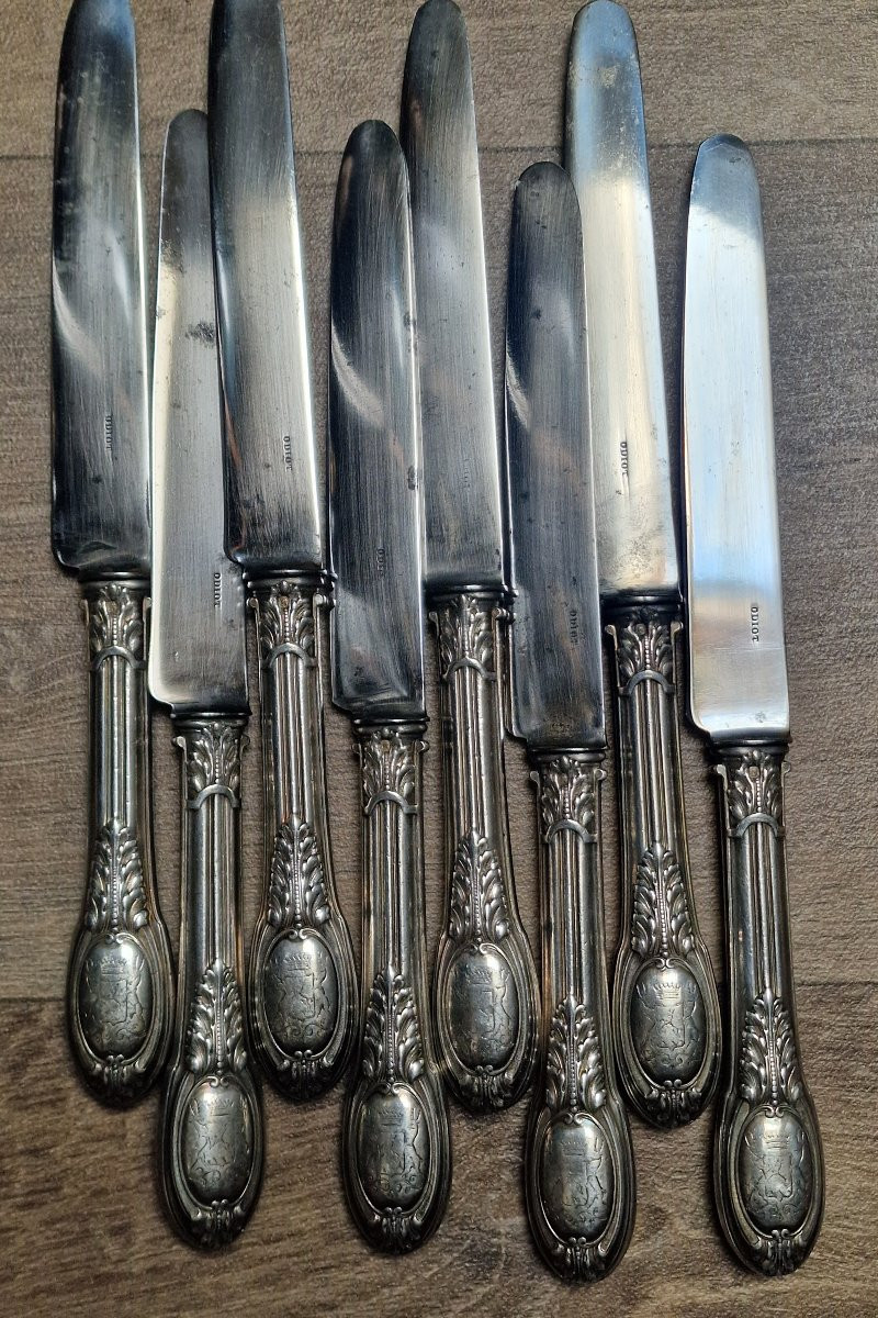 Lot de 8 grands couteaux de table Maison Odiot modèle Grimaldi armoiries comtales aux cerfs-photo-3
