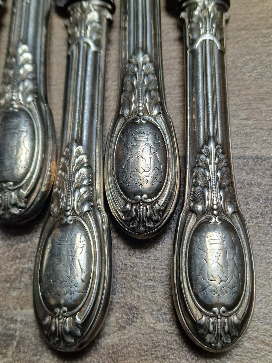 Lot de 8 grands couteaux de table Maison Odiot modèle Grimaldi armoiries comtales aux cerfs-photo-4