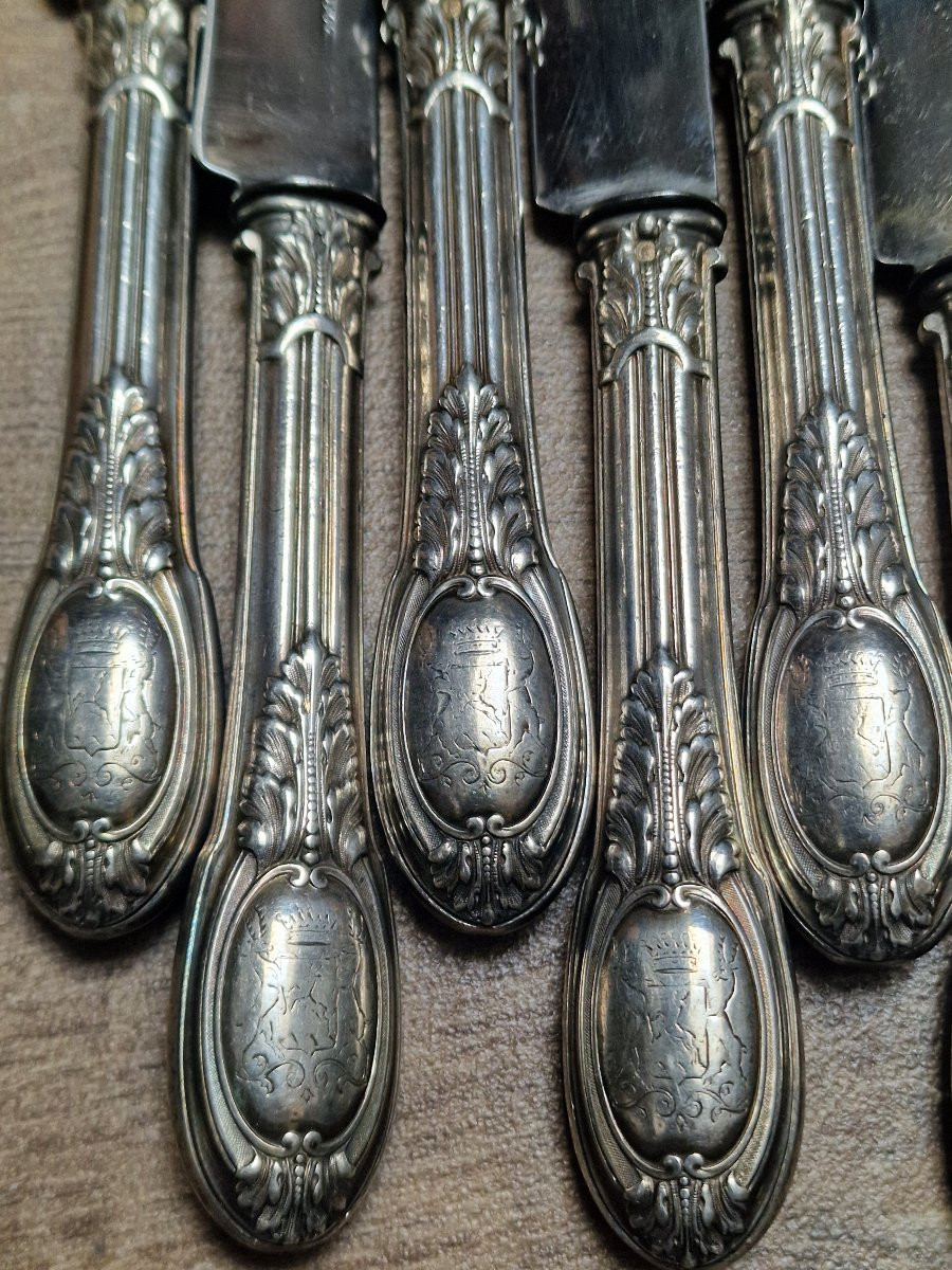 Lot de 8 grands couteaux de table Maison Odiot modèle Grimaldi armoiries comtales aux cerfs-photo-1