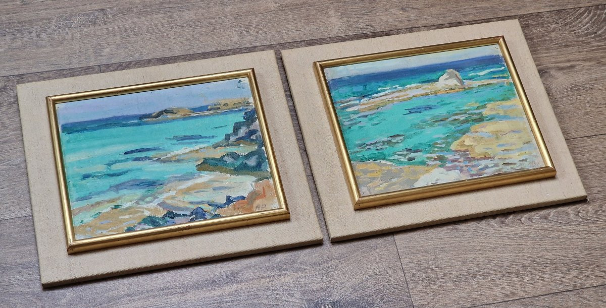 Pair Of Greek Paintings Rocky Coast Marine Painter To Identify-photo-2
