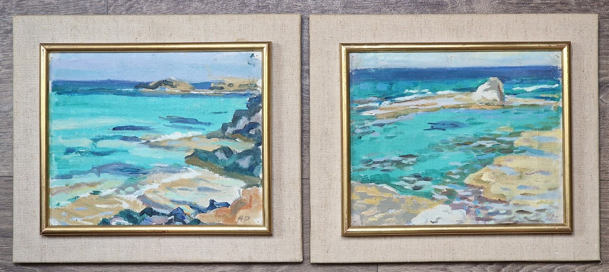 Pair Of Greek Paintings Rocky Coast Marine Painter To Identify