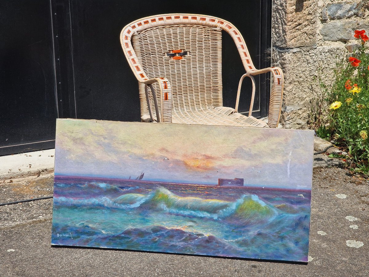 Painting Of The Conchée Fort In Saint Malo And Wave Effects At Sunset-photo-2