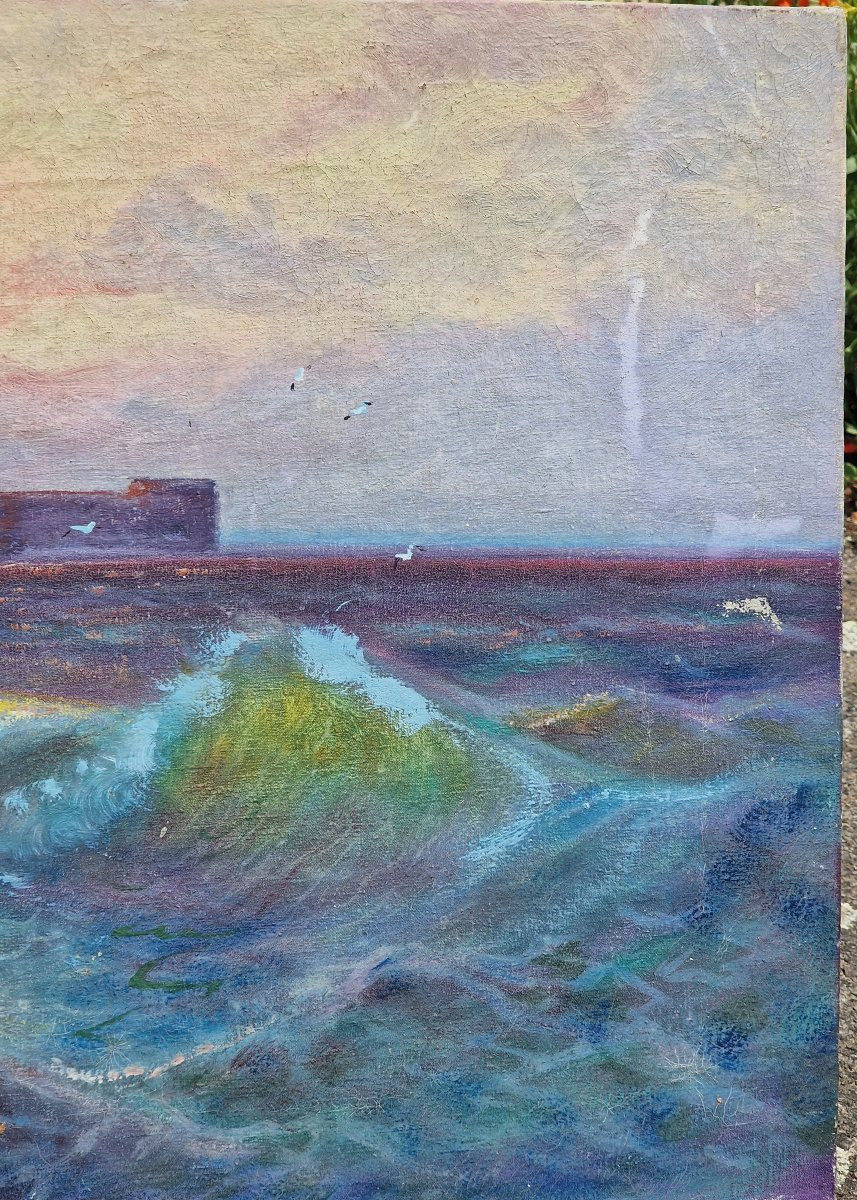 Painting Of The Conchée Fort In Saint Malo And Wave Effects At Sunset-photo-1