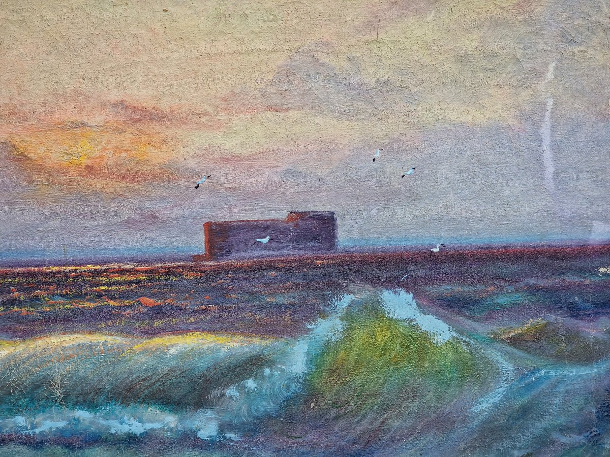 Painting Of The Conchée Fort In Saint Malo And Wave Effects At Sunset-photo-2