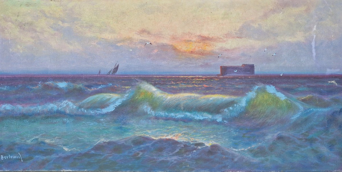 Painting Of The Conchée Fort In Saint Malo And Wave Effects At Sunset