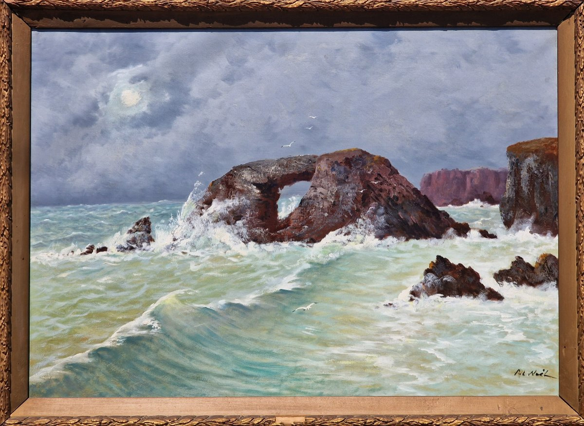 Important tableau la roche percée à Belle-île-en-mer Morbihan Bretagne par Pol Noël breton-photo-4
