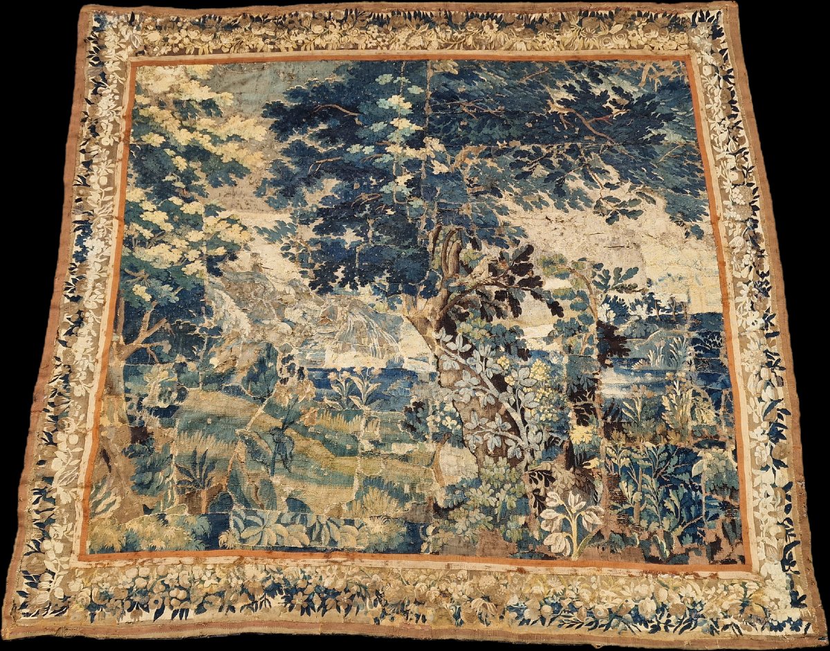 Important 18th-century Aubusson Tapestry Depicting Foliage And A Waterfall, In Need Of Restoration