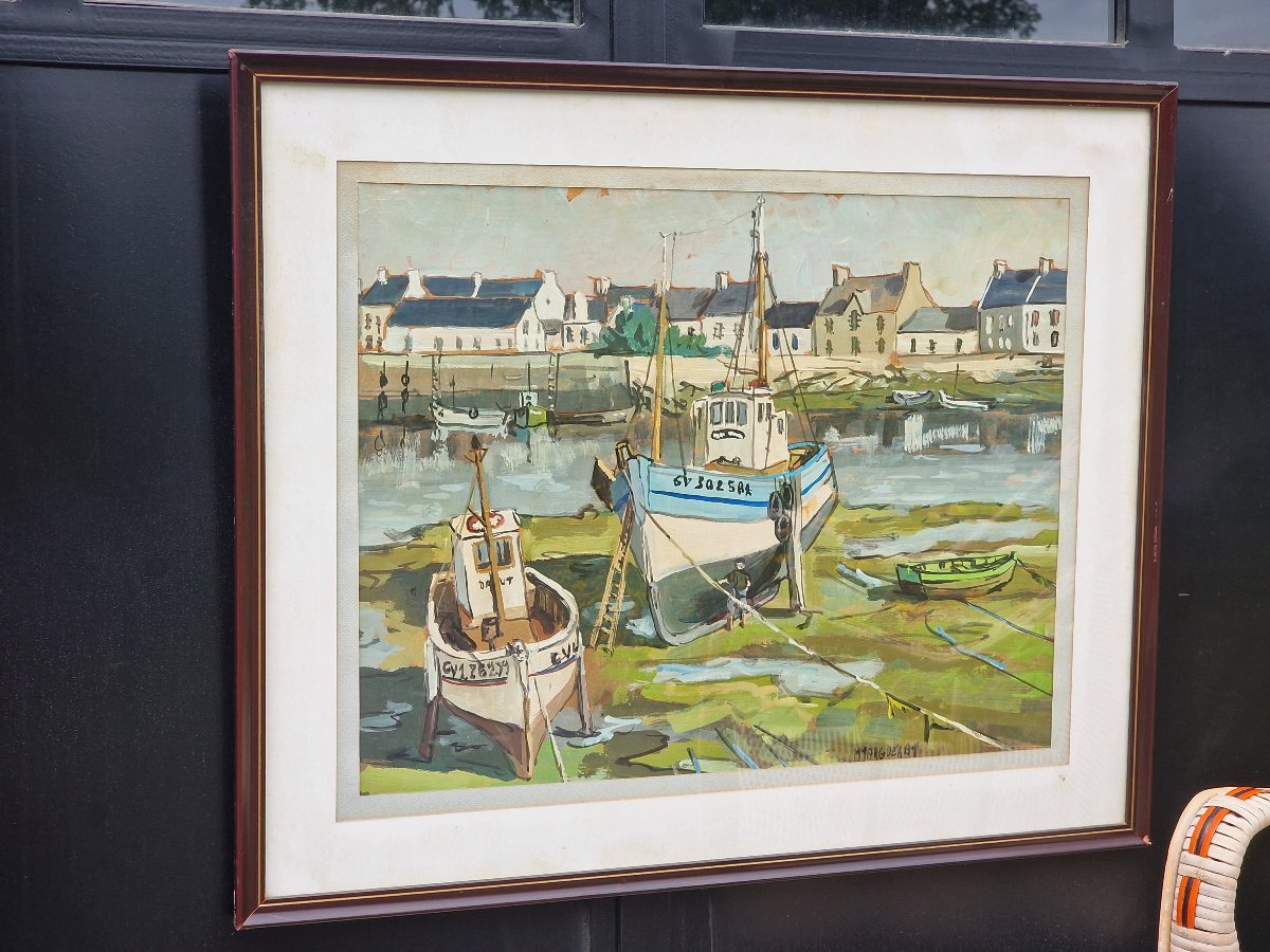 Painting By Michel Margueray: Boats In The Port Of Guilvinec At Low Tide; Oil On Cardboard -photo-3