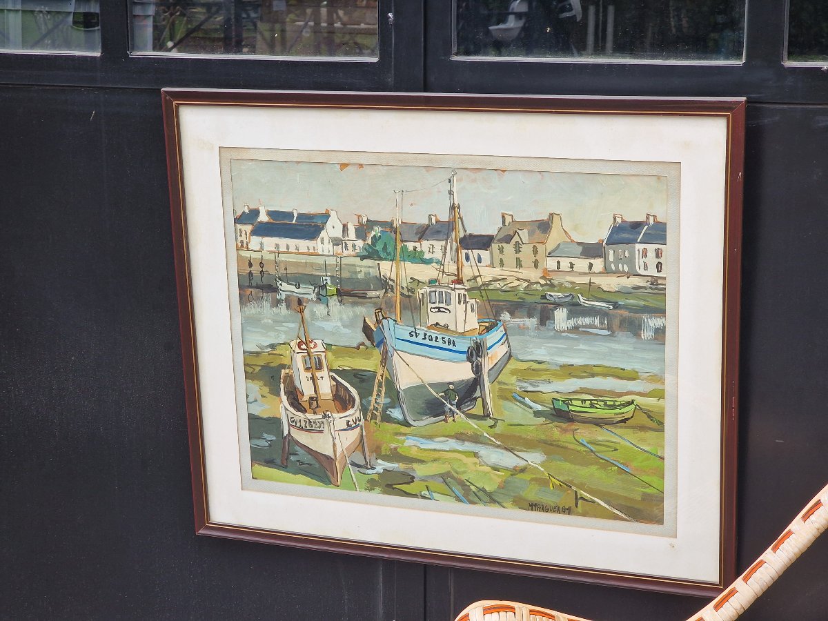 Painting By Michel Margueray: Boats In The Port Of Guilvinec At Low Tide; Oil On Cardboard -photo-4
