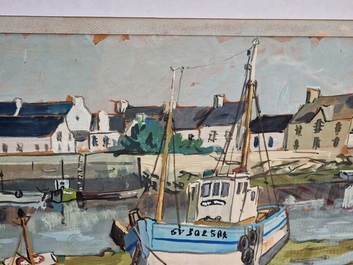Painting By Michel Margueray: Boats In The Port Of Guilvinec At Low Tide; Oil On Cardboard -photo-1