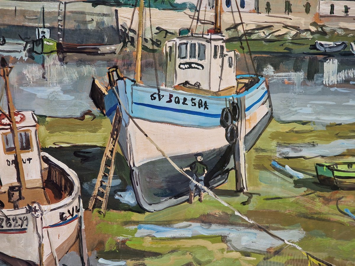 Painting By Michel Margueray: Boats In The Port Of Guilvinec At Low Tide; Oil On Cardboard -photo-3