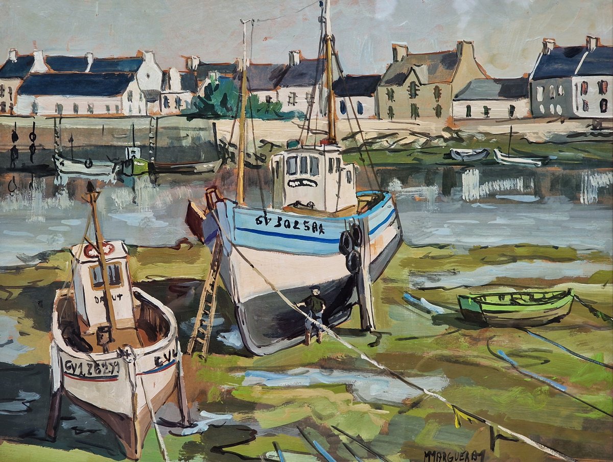 Painting By Michel Margueray: Boats In The Port Of Guilvinec At Low Tide; Oil On Cardboard 
