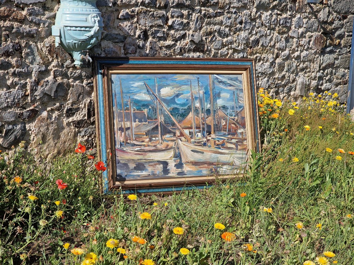Important tableau marine bateaux a quai port Breton ou Normand style expressionniste -photo-2