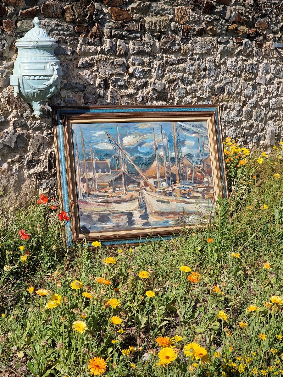 Important tableau marine bateaux a quai port Breton ou Normand style expressionniste -photo-3