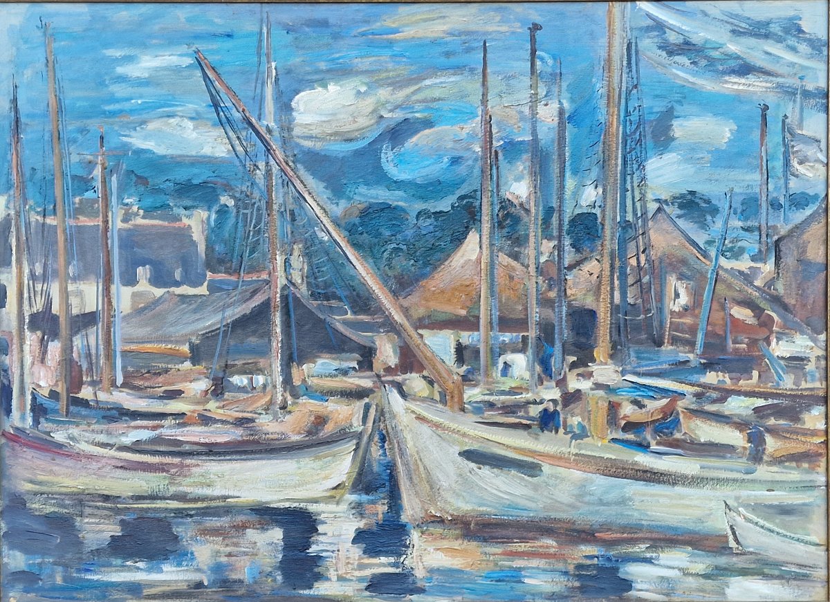 Important tableau marine bateaux a quai port Breton ou Normand style expressionniste -photo-1