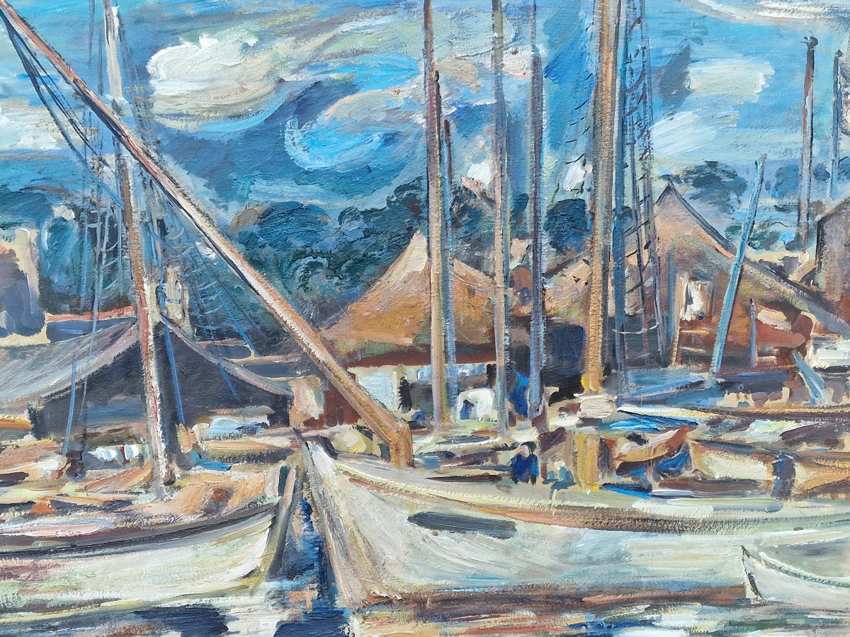 Important tableau marine bateaux a quai port Breton ou Normand style expressionniste -photo-2