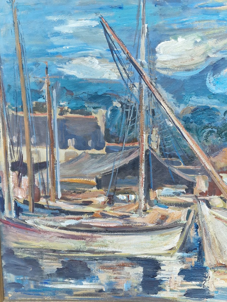 Important tableau marine bateaux a quai port Breton ou Normand style expressionniste -photo-3