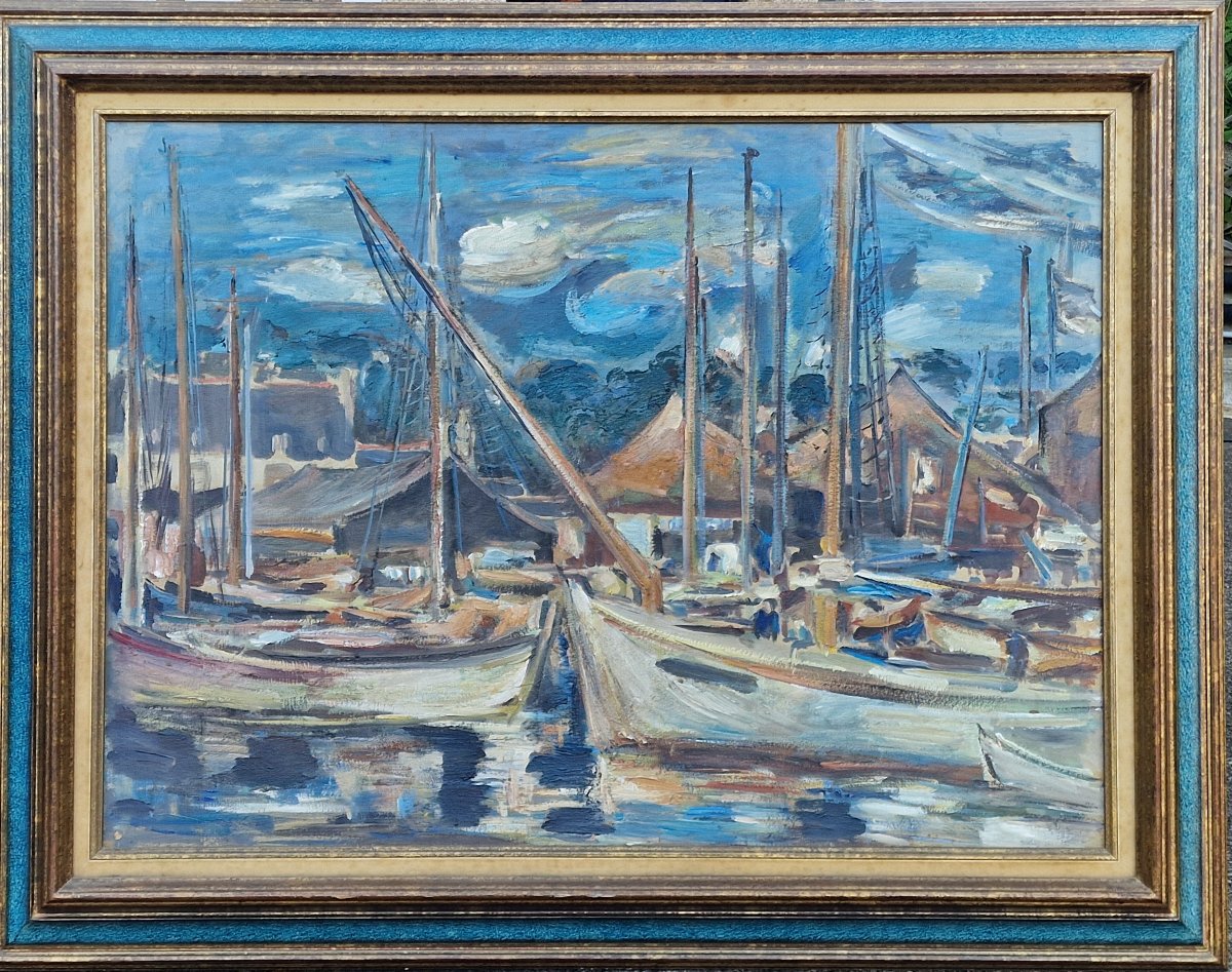 Important tableau marine bateaux a quai port Breton ou Normand style expressionniste 