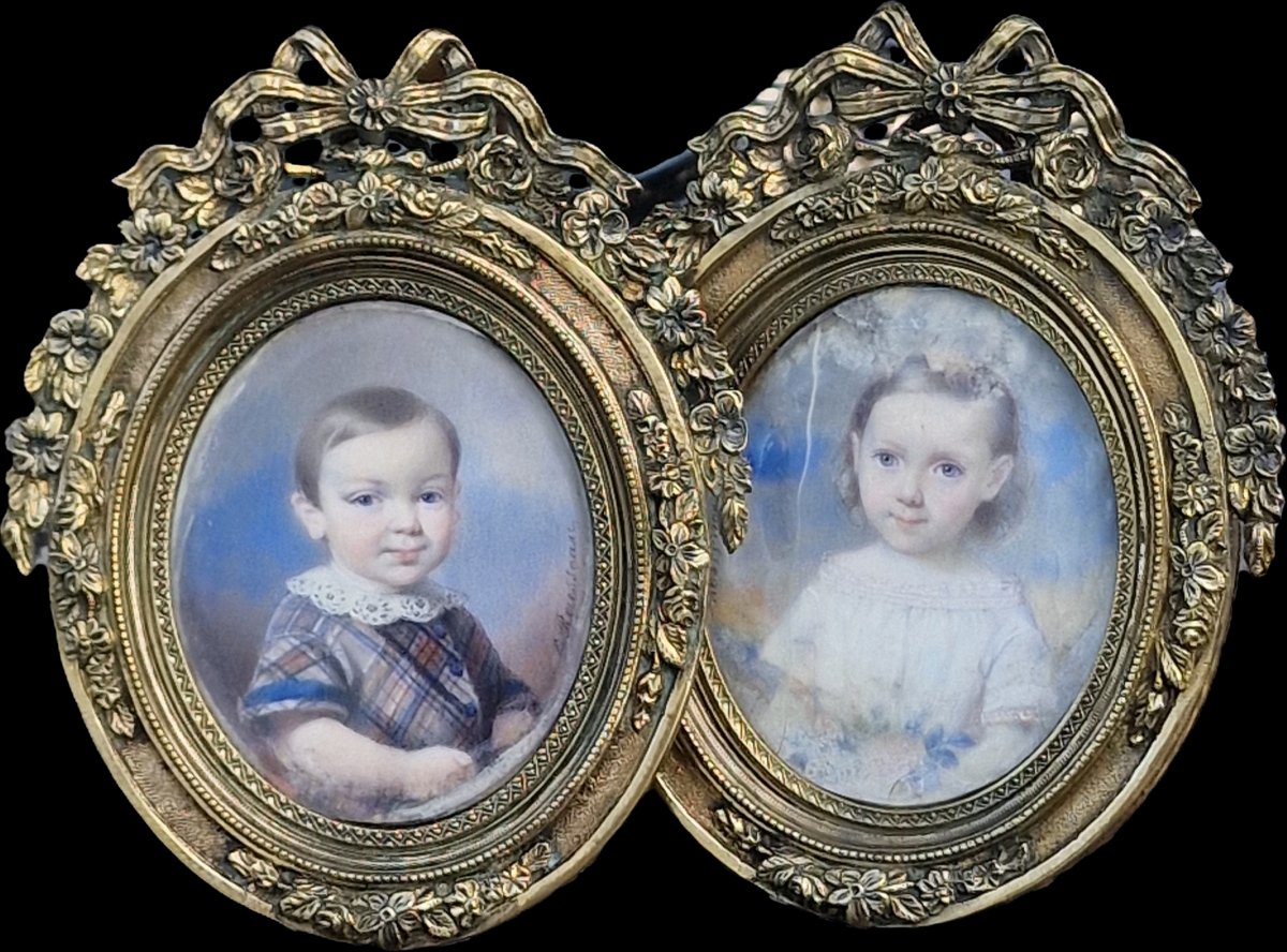 Pair Of Ivory Miniatures Depicting Portraits Of Young Children By Edmé Rousseau (1815–1868)