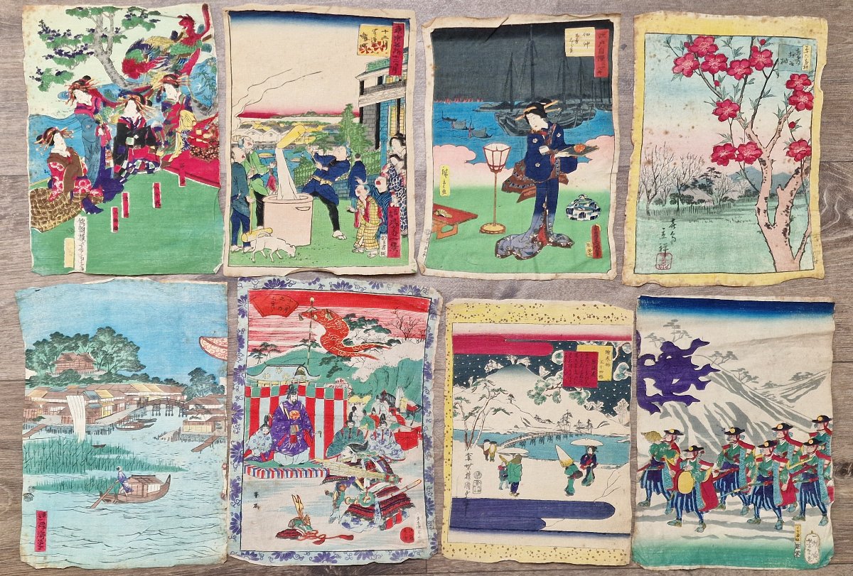 Lot de 8 estampes japonaises sur papier crêpon fin 19ème dont Hiroshige et Toyokuni