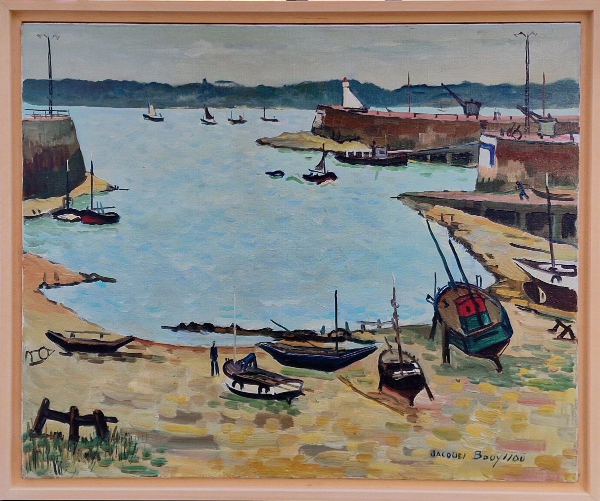 Tableau marine le port de Saint Malo vers Dinard en 1962 par Jacques Bouyssou Bretagne Honfleur