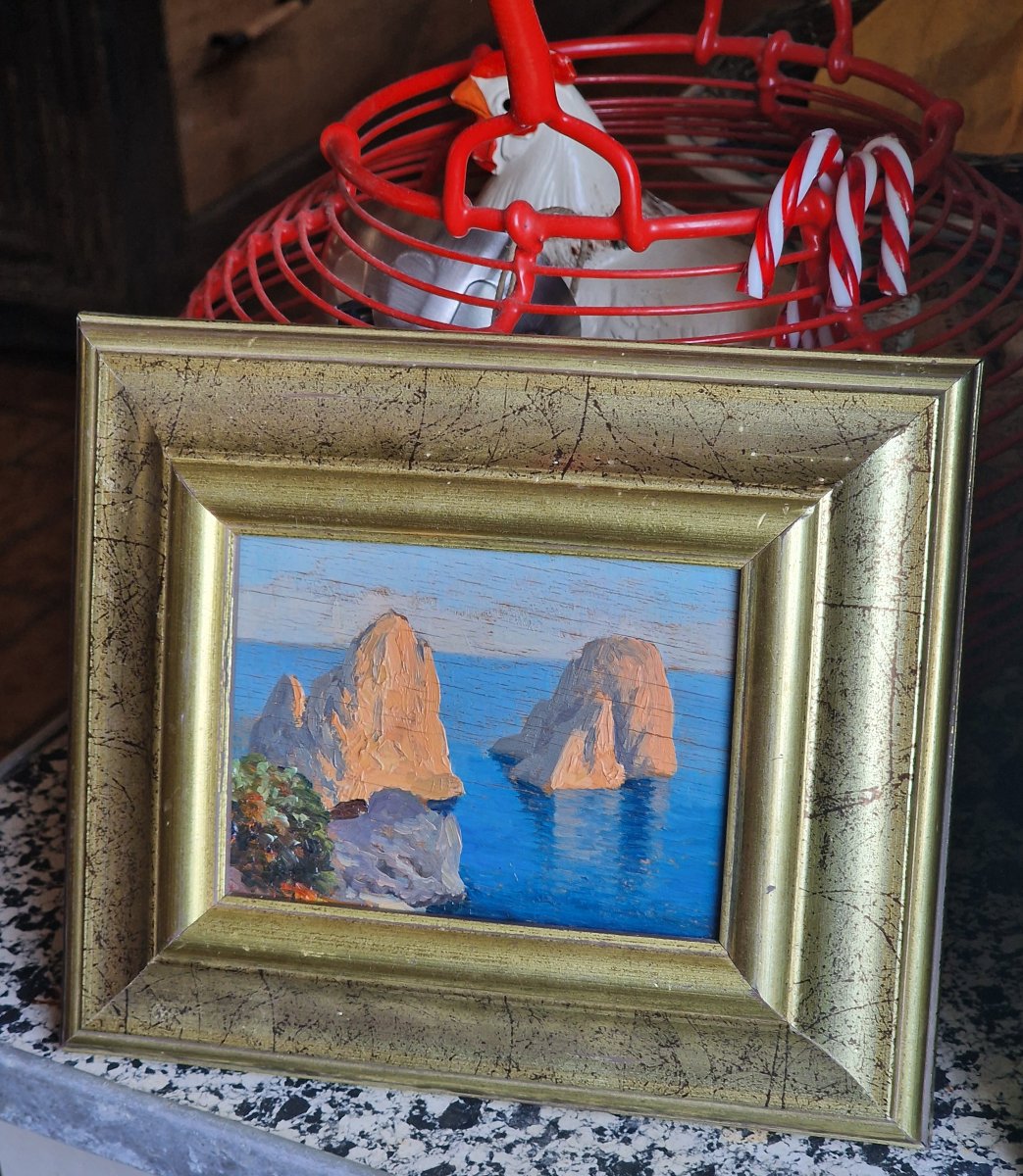 Tableau miniature rochers à Capri Italie marine attribuée à Odierna Guido  orientaliste-photo-2