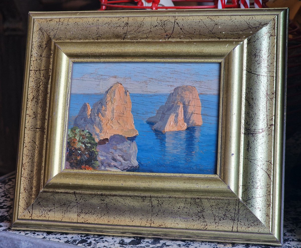 Tableau miniature rochers à Capri Italie marine attribuée à Odierna Guido  orientaliste