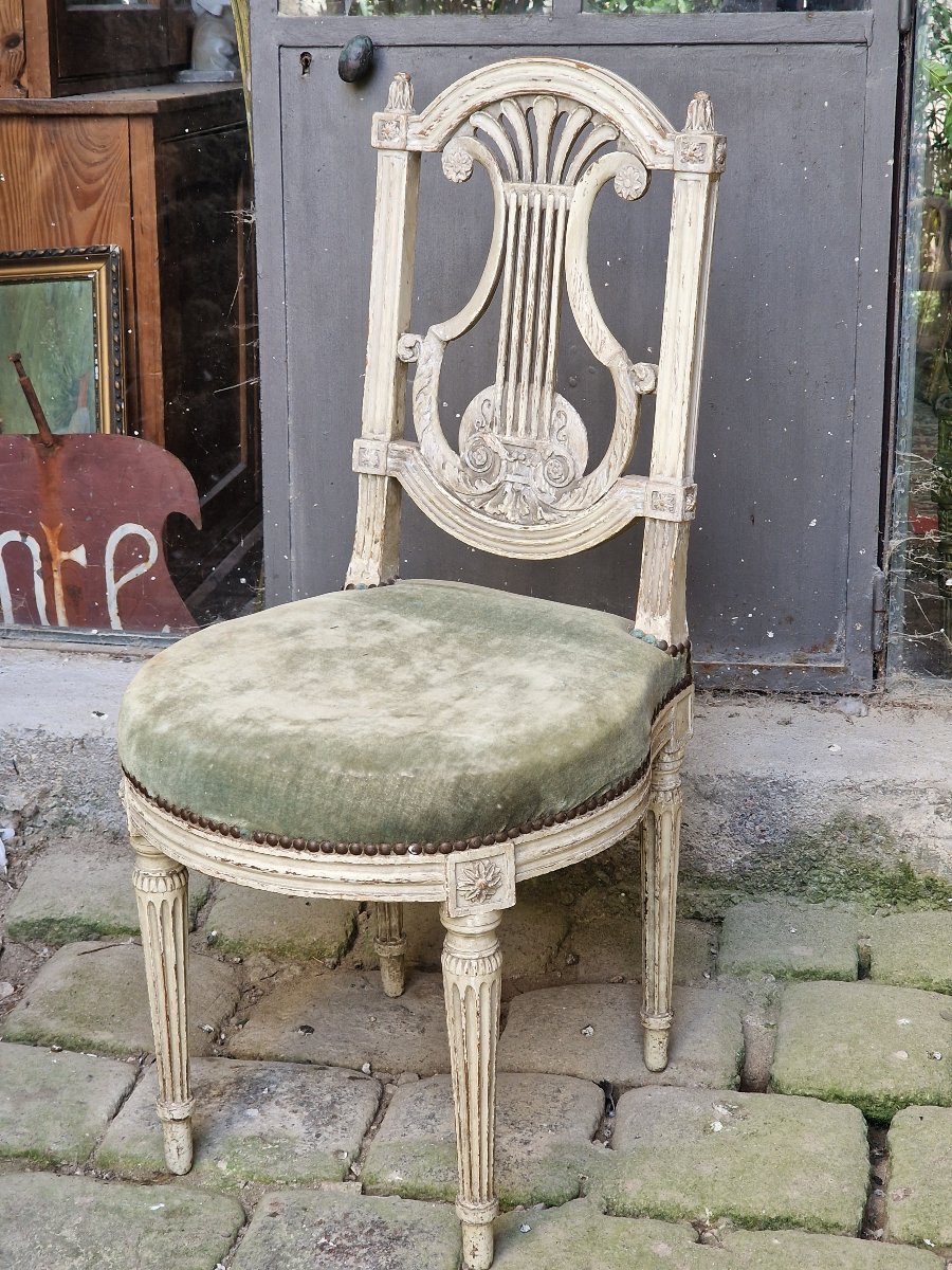 Chaise lyre Louis XVI 18ème style Georges Jacob (1739–1814) bois laqué patiné-photo-2