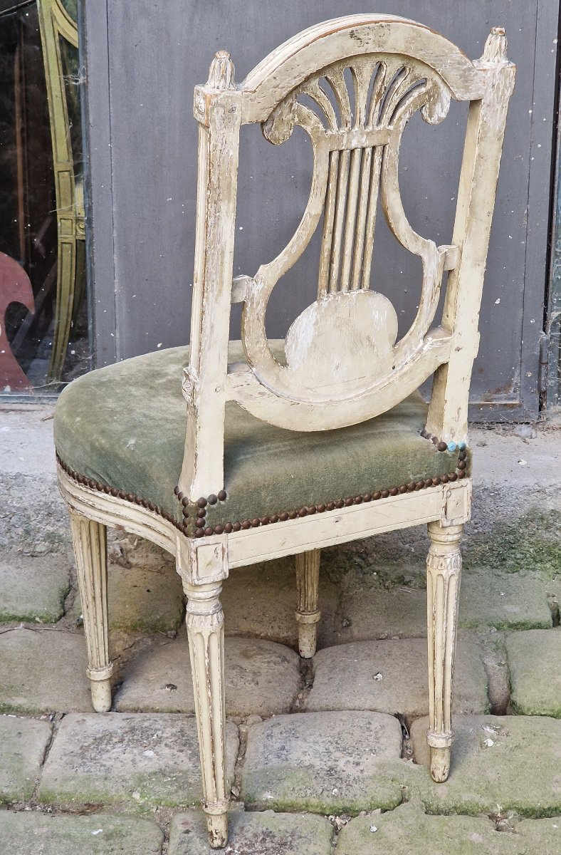 Chaise lyre Louis XVI 18ème style Georges Jacob (1739–1814) bois laqué patiné-photo-3