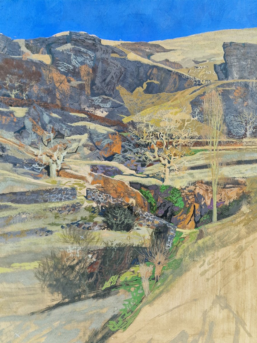 Orientalist Gouache Painting Of A Mountain Landscape From The Atlas Mountains In Morocco Or The Toledo Mountains, In The Majorelle Style-photo-2