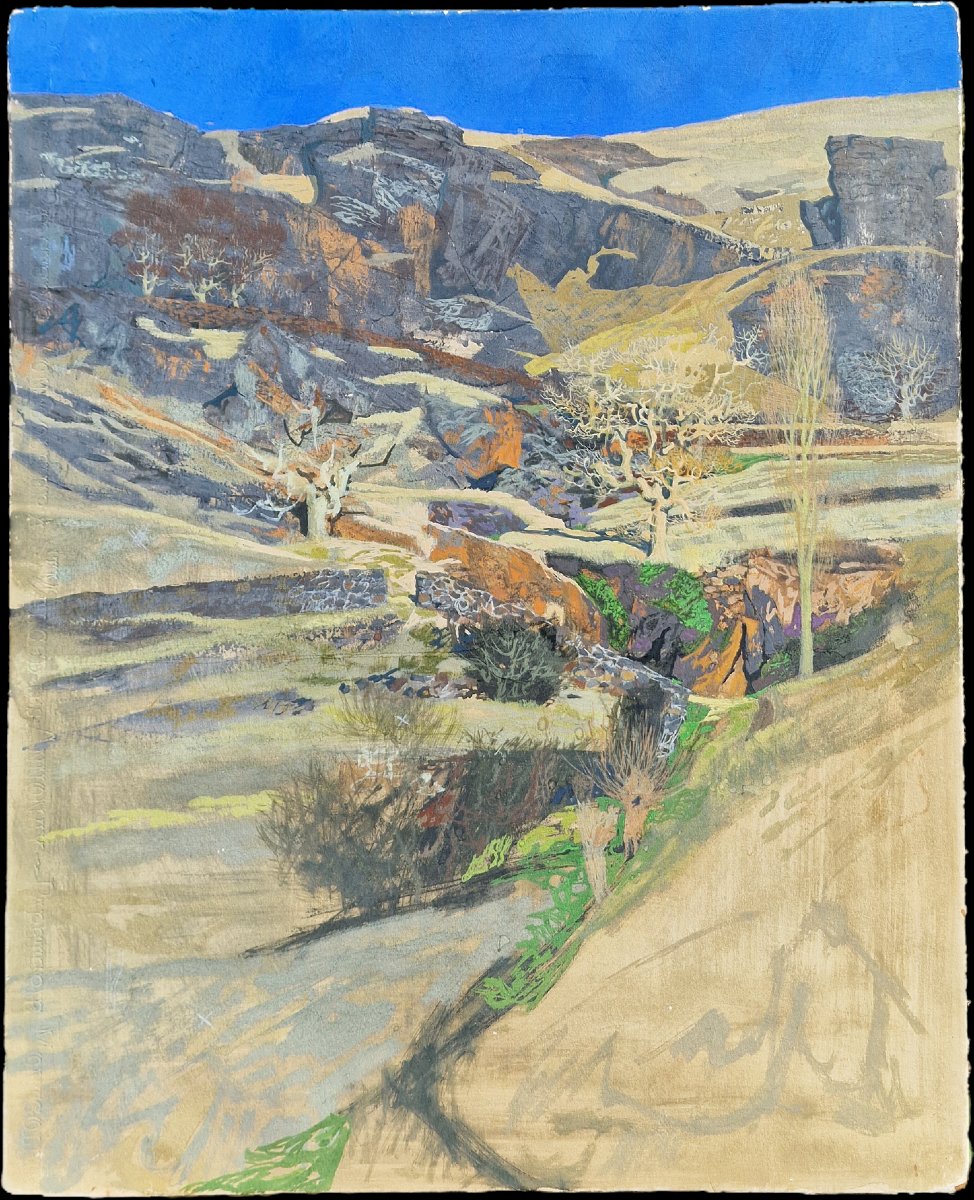 Orientalist Gouache Painting Of A Mountain Landscape From The Atlas Mountains In Morocco Or The Toledo Mountains, In The Majorelle Style