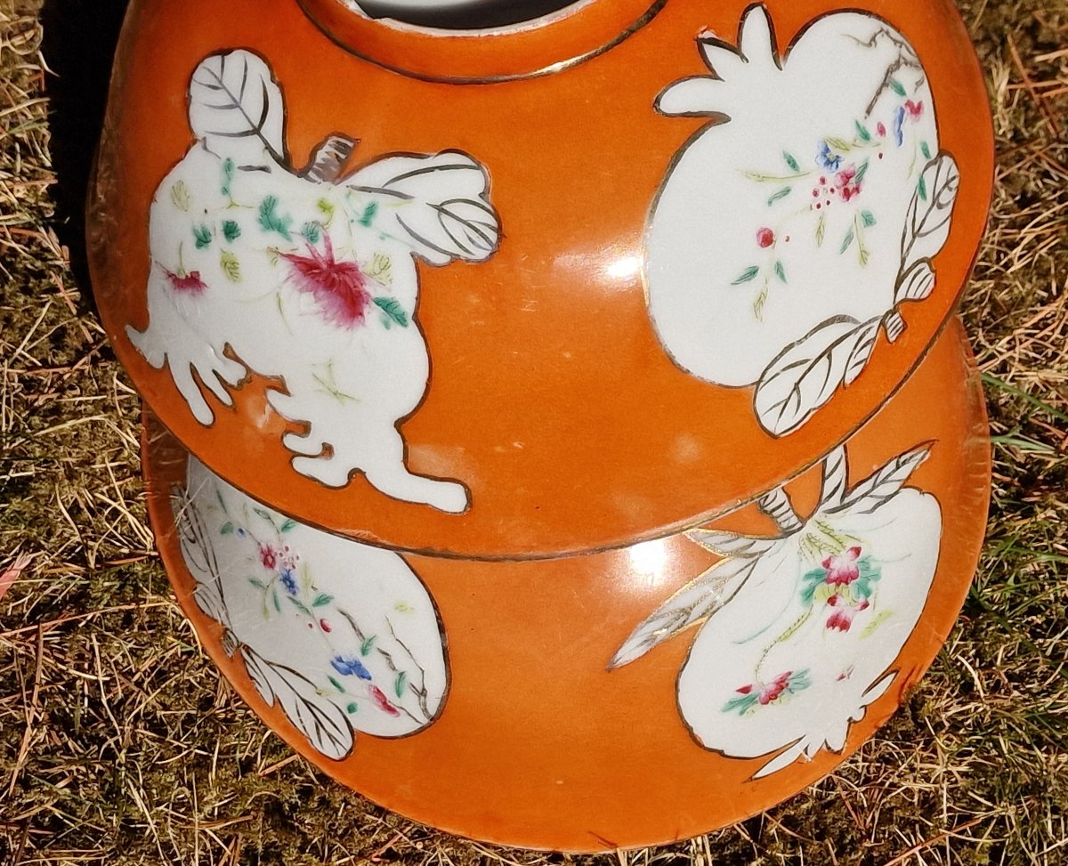 Paire de bols en porcelaine de chine fond corail et médaillons marque Hongxian chinois-photo-4
